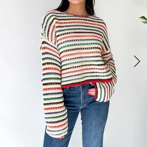 Grey Bandit Sweater Slouchy Oversize Crop Long Sleeve Knit Bright Stripes Size M